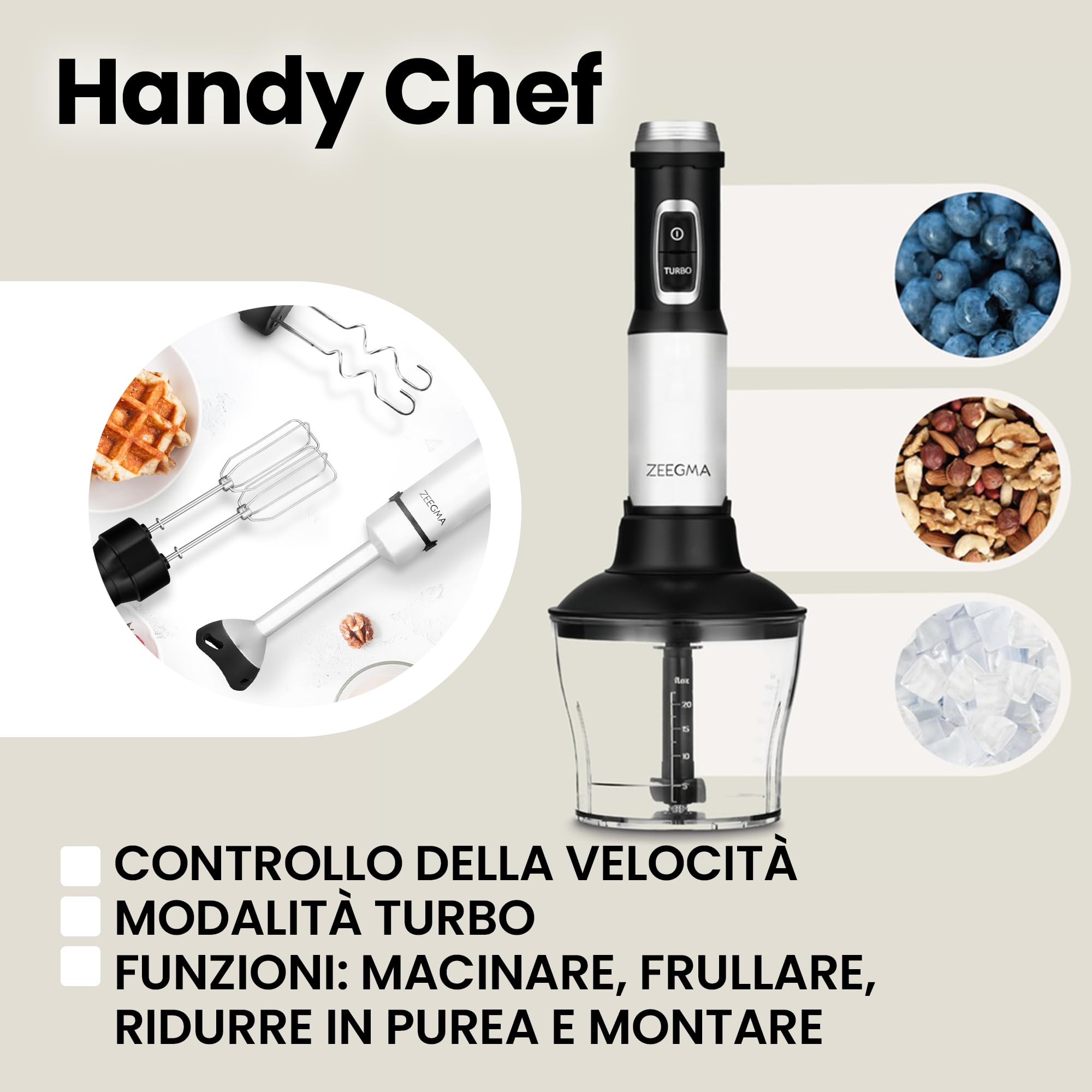 ZEEGMA Frullatore a Immersione 5 in 1 Multifunzionale Potenza di Picco | W, Set di Accessori per Frullare, Mescolare e Sbattere Gancio per Miscelare Mixer 0.6 L, Contenitore 0.8 L