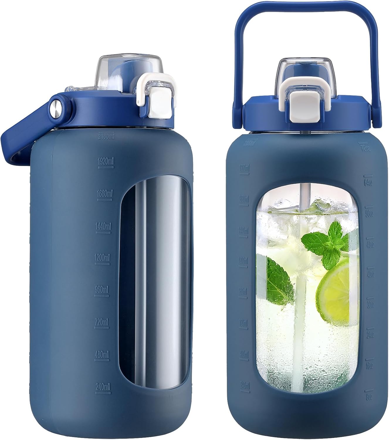 72oz Glass Water Bottle with 2-IN-1 Straw &Chug Lid, Large Motivational Glass Bottl...