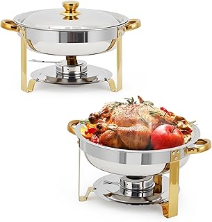 Chafing Dishes for Buffet Set, 5QT Stainless Steel Food Warmers, Round Gold Chafing Dishes with Lids Pans Fuel Holders, Buffet Warmers Set for Caterinpg Weddings Banquets, 2 Pack