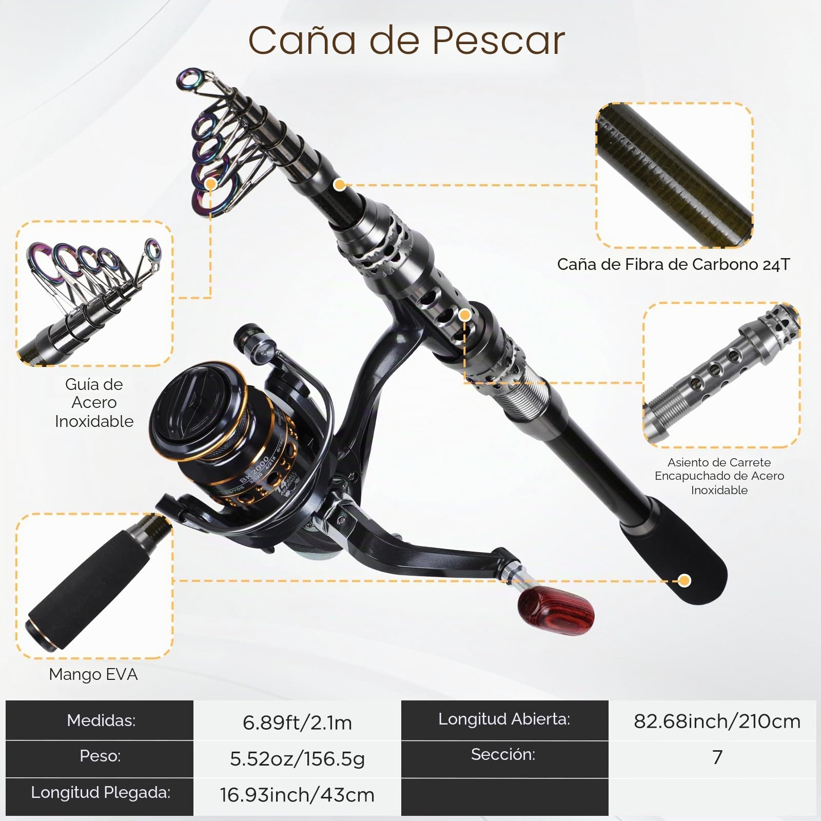 2.1M Juego de caña y Carrete Fibra de Carbono Combo de caña de Pescar telescópica y Carrete Giratorio con señuelos, Ganchos, línea y Bolsa de Transporte para Agua Salada y Agua Dulce