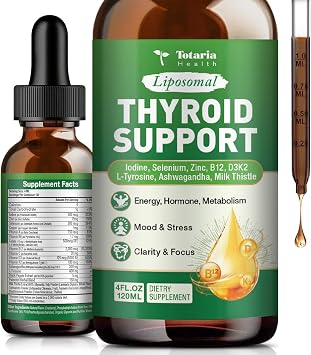 Totaria Thyroid Support for Women & Men, Selenium, Iodine, Zinc, L-Tyrosine, Ashwagandha, B12, Milk Thistle, Kelp, Bladderwrack, Energy, Metabolism, Hormone & Mood, 4 Fl.Oz
