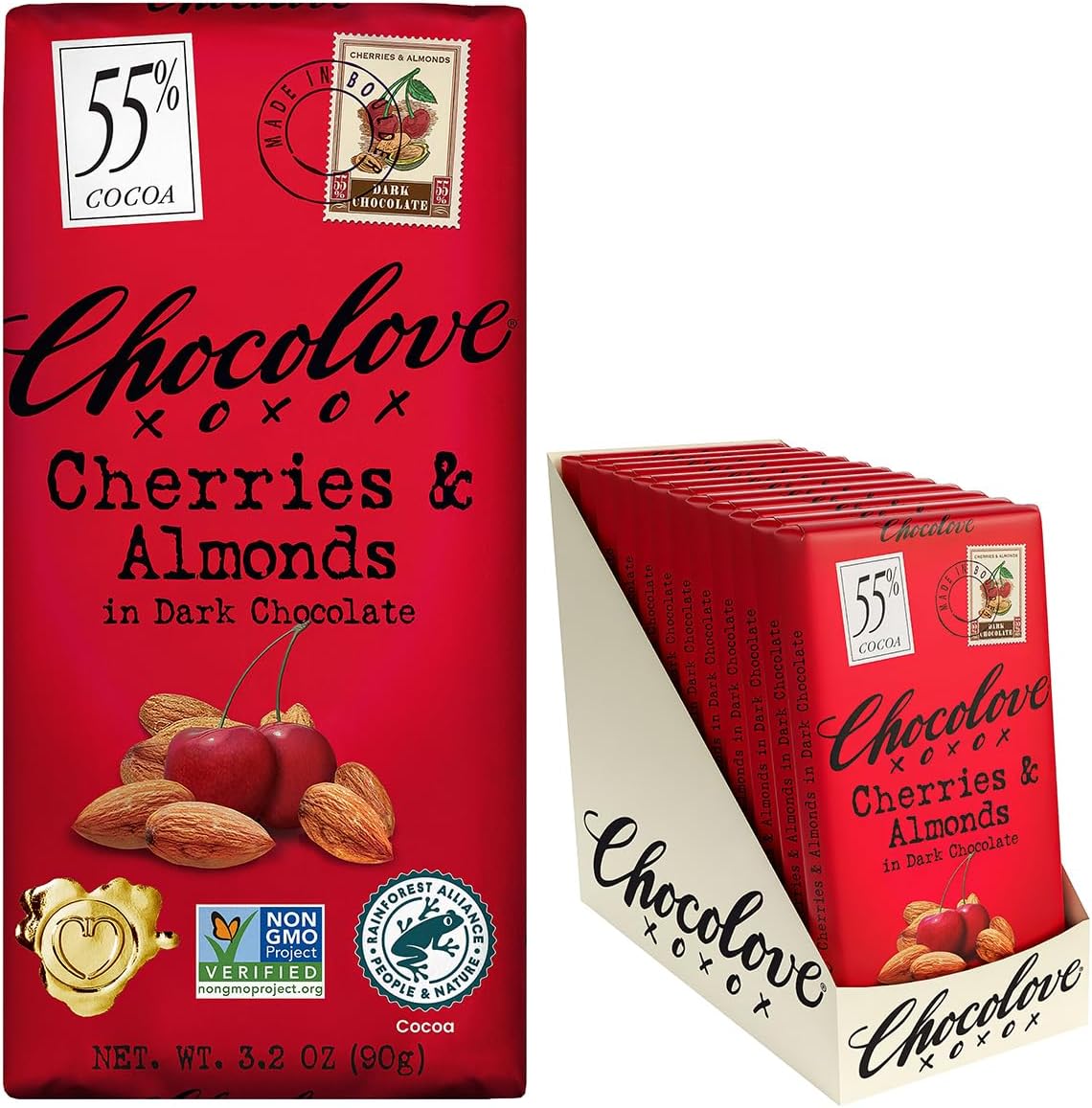 - Cherry & Almonds Dark Chocolate Bars | 55% Cocoa | Infused with Real Cherries & Crunchy Almonds | Crafted with Premium Chocolate | 3.2 oz Bar (12 Pack)