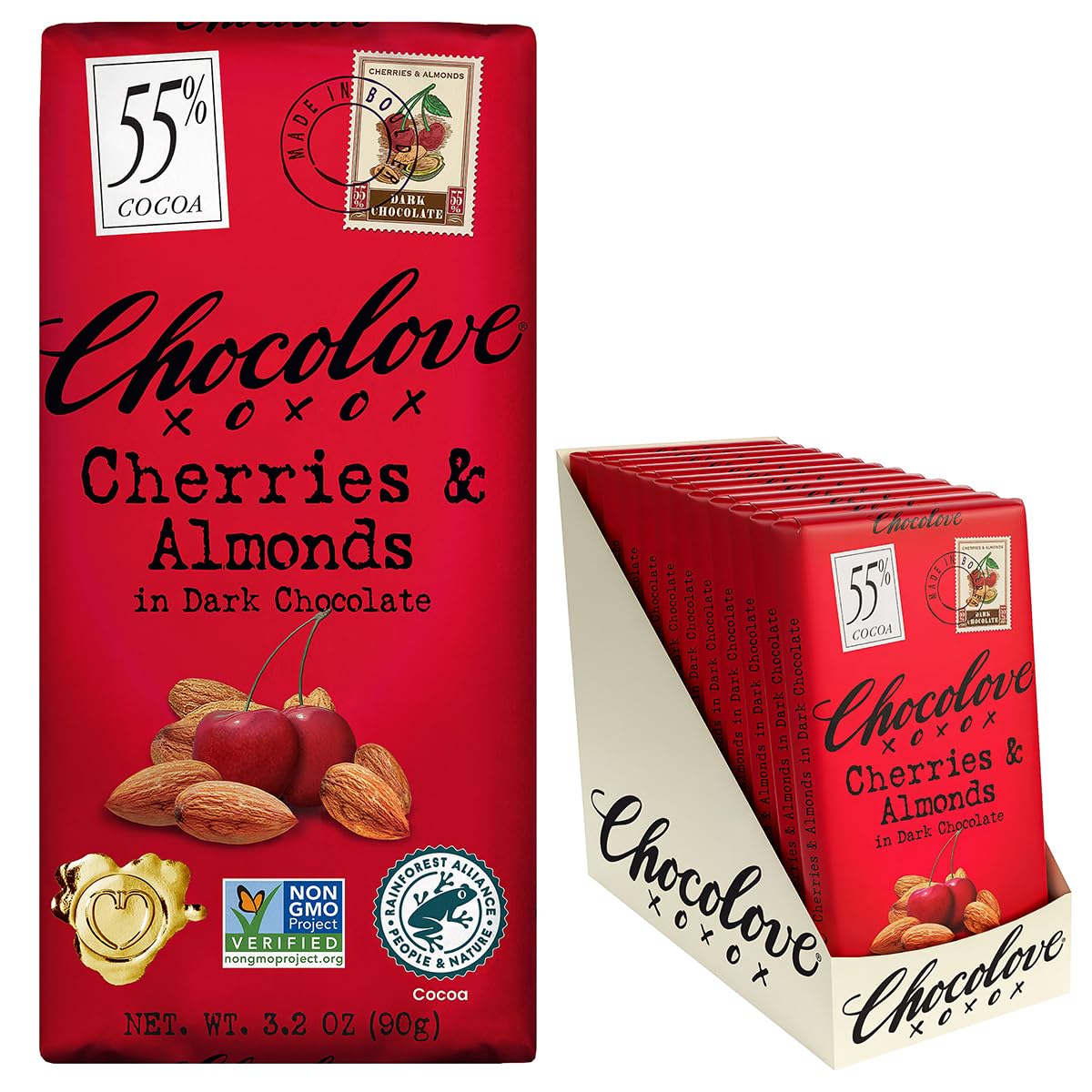 Chocolove Cherry & Almonds Dark Chocolate Bars | 55% Cocoa | Infused with Real Cherries & Crunchy Almonds | Crafted with Premium Chocolate | 3.2 oz Bar (12 Pack)