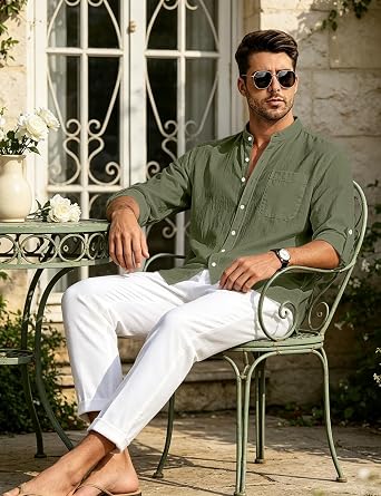 Men's Cotton Linen Shirt Long Sleeve Button Down Loose Fit Shirts Band Collar Beach Casual Top with Pocket