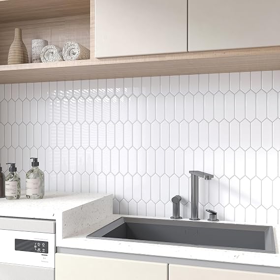 CHIHUT 6 Sheets 12''x12'' White Glossy Long Hexagon Peel and Stick Backsplash Tiles 3D Modern Minimalist Self Adhesive Stick on Tiles Waterproof Renter Friendly Backsplash for Kitchen Bathroom
