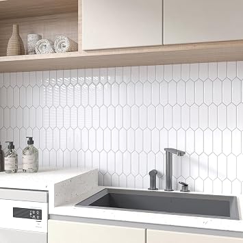 CHIHUT 6 Sheets 12''x12'' White Glossy Long Hexagon Peel and Stick Backsplash Tiles 3D Modern Minimalist Self Adhesive Stick on Tiles Waterproof Renter Friendly Backsplash for Kitchen Bathroom