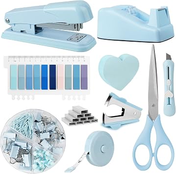OFFCUP Desk Accessories Set, Office Supplies Kit, Includes Stapler, Tape Dispenser, Staple Remover, Staples, Clips, Scissor, Box Cutter, Tape Measure and Sticky Notes Students, Coworkers Blue