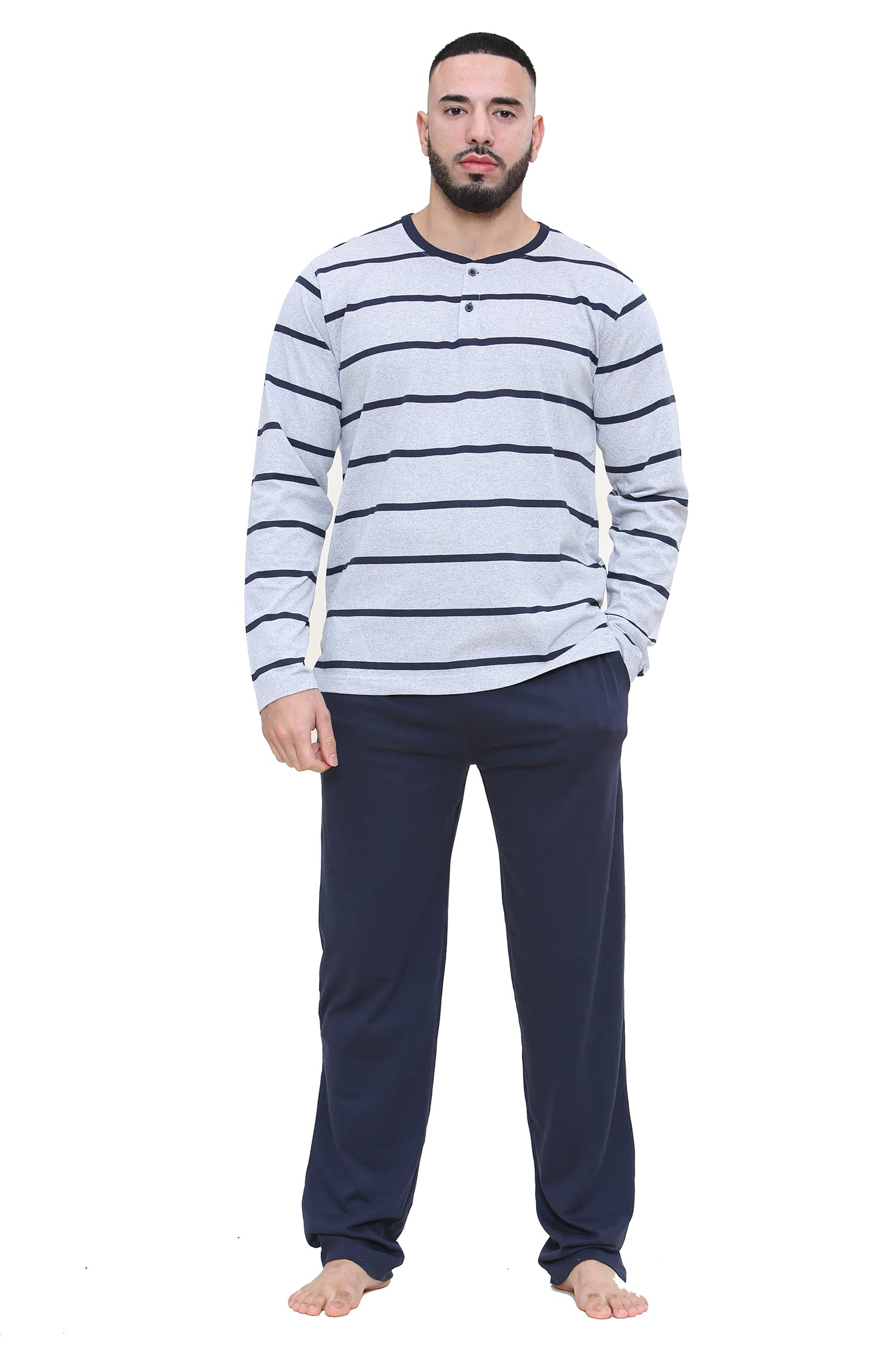 Brooklyn Imports Ltd Men's Long Sleeve–Grey With Navy Stripe Pyjama Pajama Set Bottoms/Top Elasticated Waist Soft Cotton Loungewear