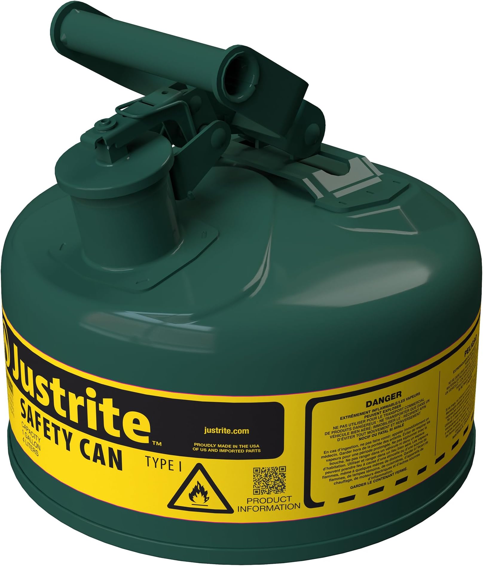 Justrite Type I Oils Safety Can, Green Galvanized Steel, Made in the USA