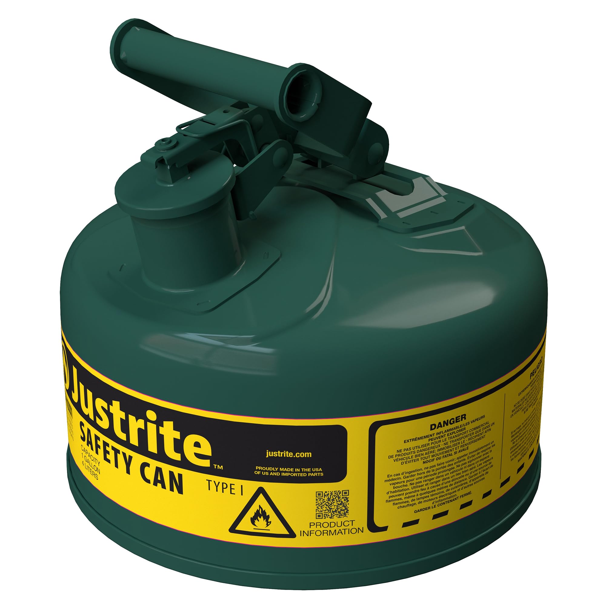 Justrite Type I Oils Safety Can, Green Galvanized Steel, Made in the USA