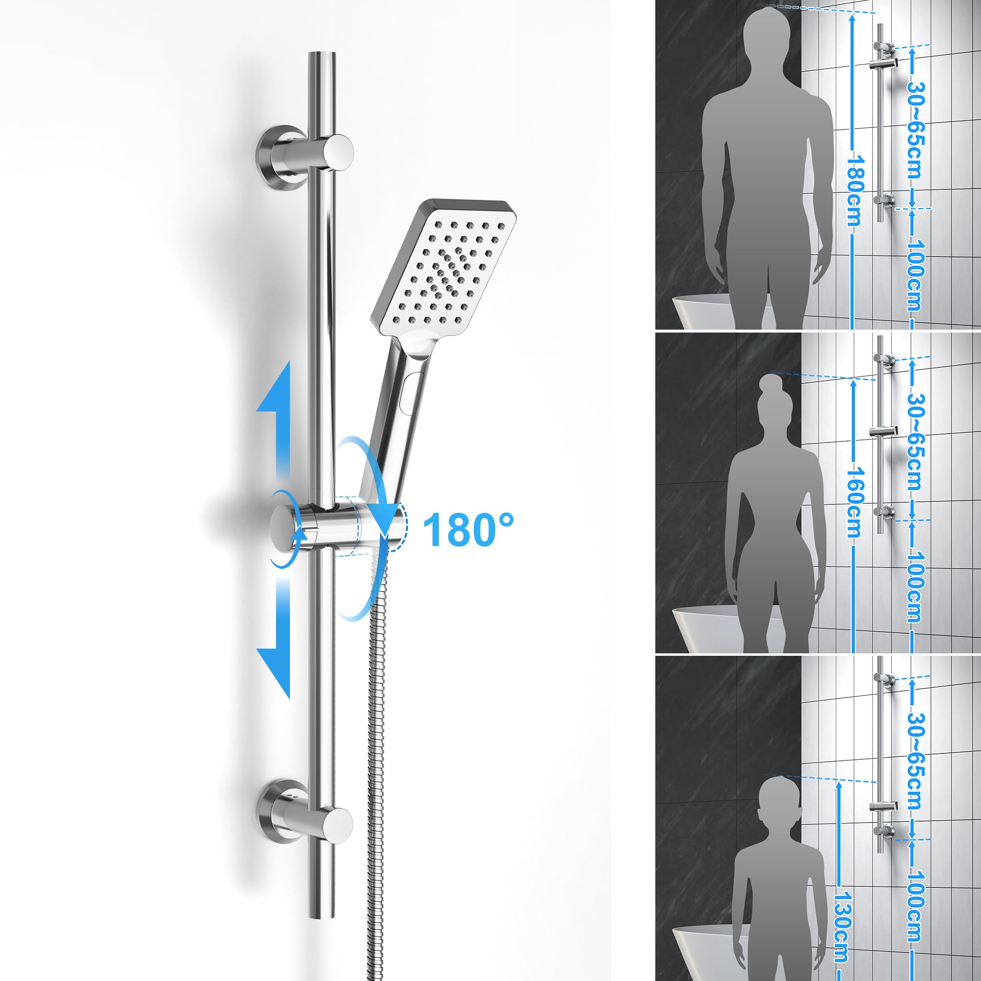 Görbach Colonna Doccia Acciaio Inox Asta Doccia 70 cm, Set Asta Doccia Saliscendi con Supporto Soffione Regolabile, Adatto per fori esistenti Cromo