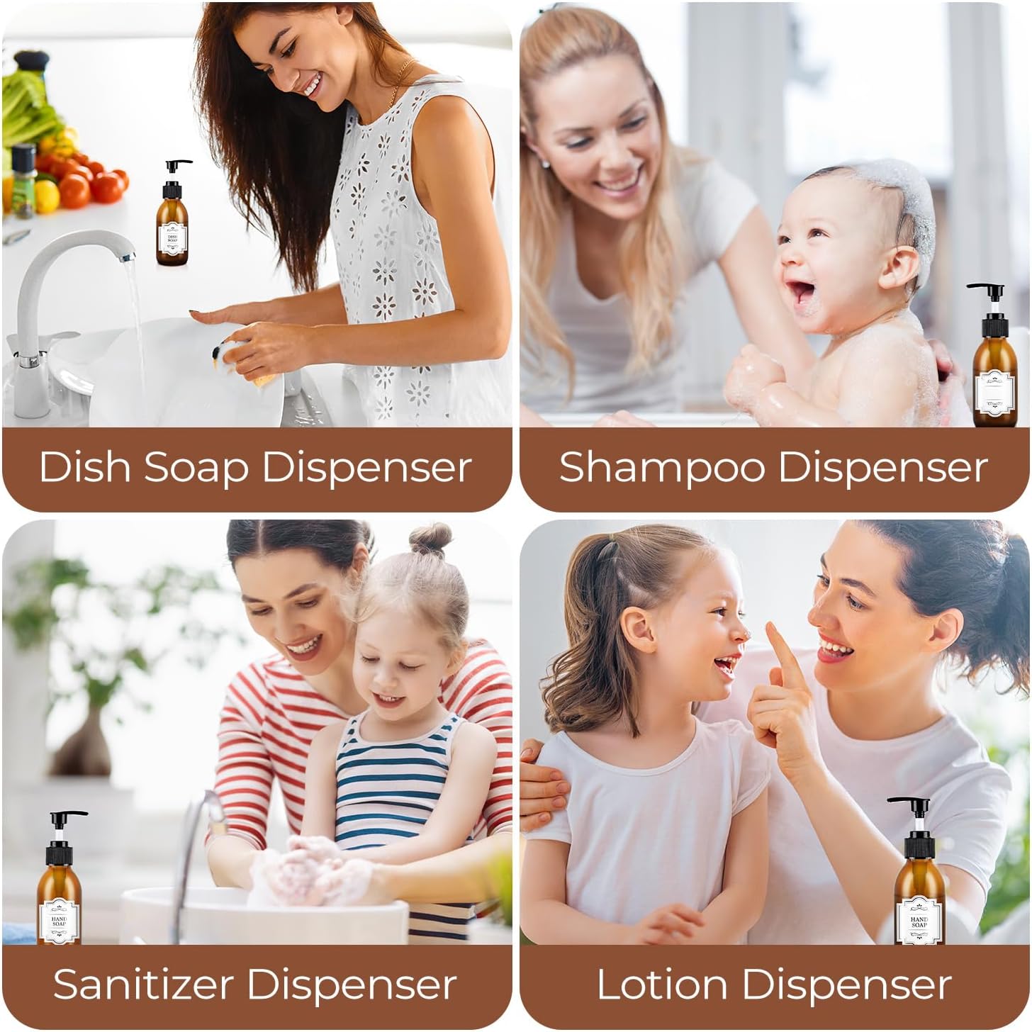 4 oz Amber Glass Pump Bottle, 125ml Small Lotion Dispenser Bottle for Body Massage Oil, Refillable Empty Hand and Dish Soap Dispensers Set with Storage Caps, Labels - 3 Pack - Image 6