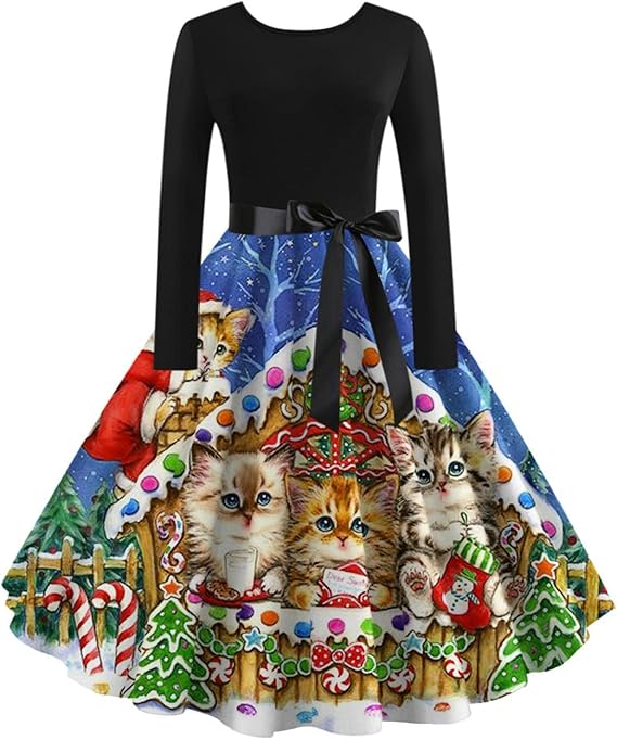 Amazon Co Jp クリスマス ワンピース レディース レトロワンピース 長袖 膝丈 猫柄 カジュアル お呼ばれ ヴィンテージ ロングドレス Christmas サンタコスプレ パーティードレス コスチューム 文化祭 チュニック 衣装仮装 お姫様 かわいい イベント プレゼント ホビー