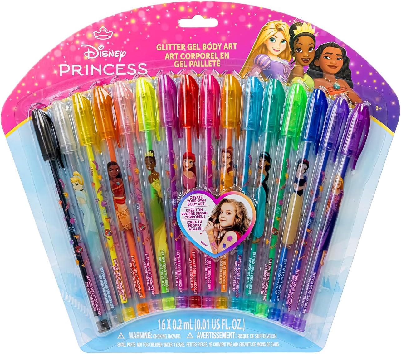 Disney Princess Glitter Pens, 16-Piece for Body Art, Ages 3+