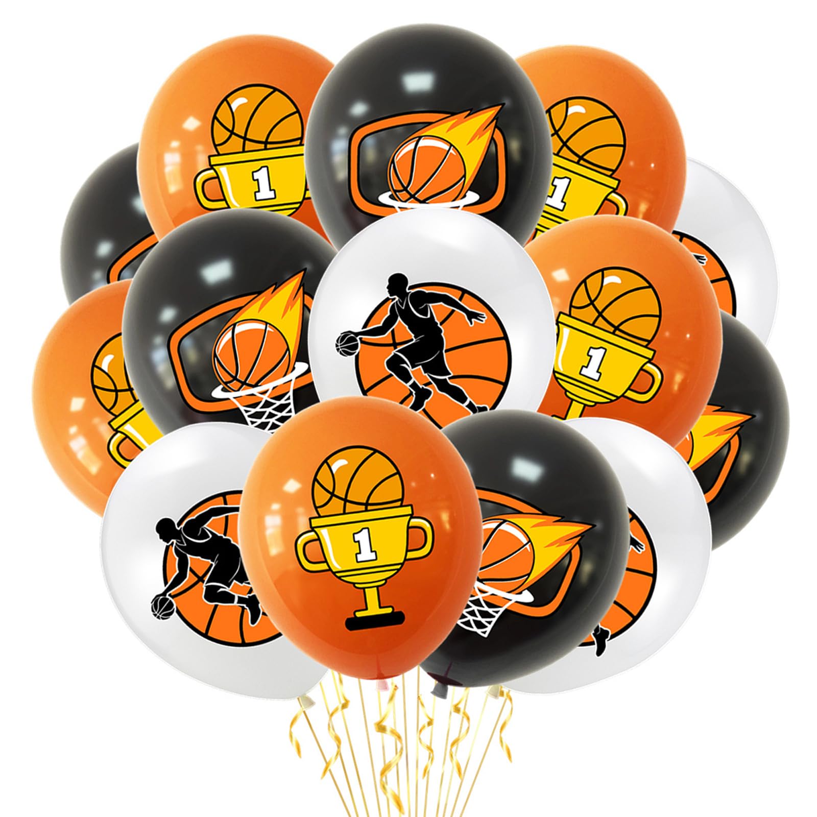 15-Pack Basketball Theme Latex Balloons - Sports Party Decorations with 3 Premium Designs (Black, White, Orange) & Ribbon for Adult Birthday, Game Day Celebrations — image 1