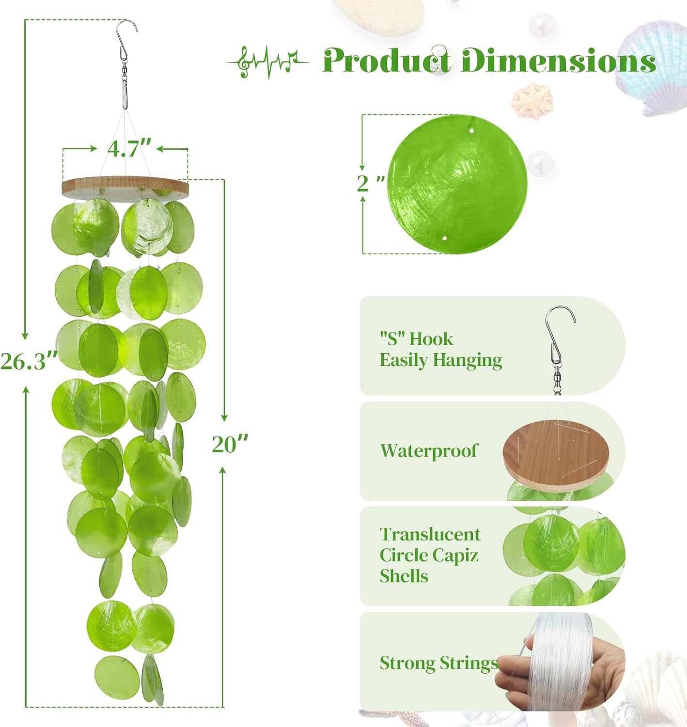 Capiz Shell Wind Chime for Outside 28” Sea Glass Wind Chime Ocean/Beach Themed Chime Gift for Women Mother’s Day Decoration Green - Image 2