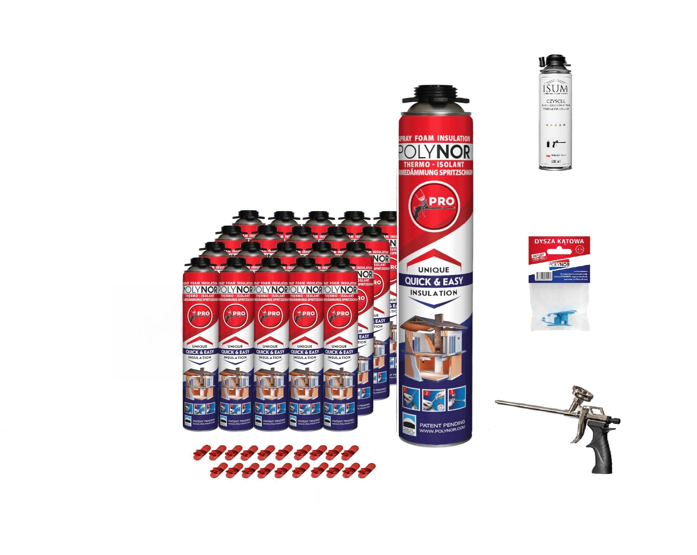 POLYNOR Izolacja Cieplna PUR w Puszce PRO - Pełny Zestaw - 20 Pianek - Pistolet do piany - Natryskowa Izolacja Termiczna - Izolacja Ścian, Dachów, Sufitów, Rur - Aerozol 750 ml