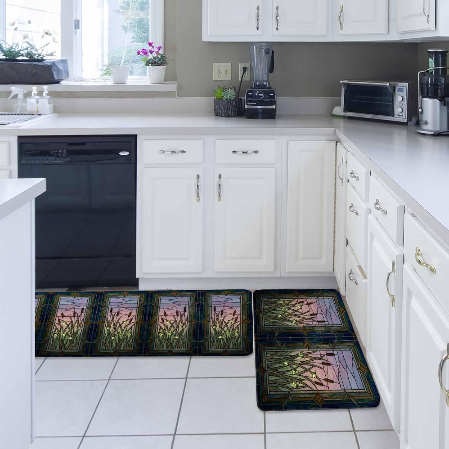Stained Glass Kitchen Rugs and Mats Set of 2, Non-Slip Kitchen Sink Mat, Vintage Abstract Botanical Plant Washable Doormat Bathroom Rugs Runner for Bedroom/Living Room 19.7"x31.5"+19.7"x47.2"