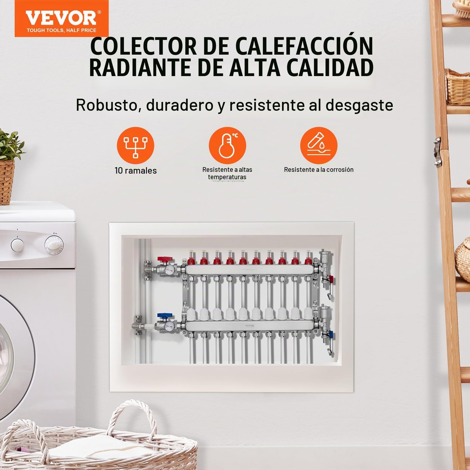 VEVOR Colector de Calor Radiante de 10 Derivaciones de Acero Inoxidable SUS304 para Calefacción por Suelo Radiante Hidrónico, Colector de Tubería PEX, con Adaptadores, 680 x 370 x 110 mm, 0-5 L/min