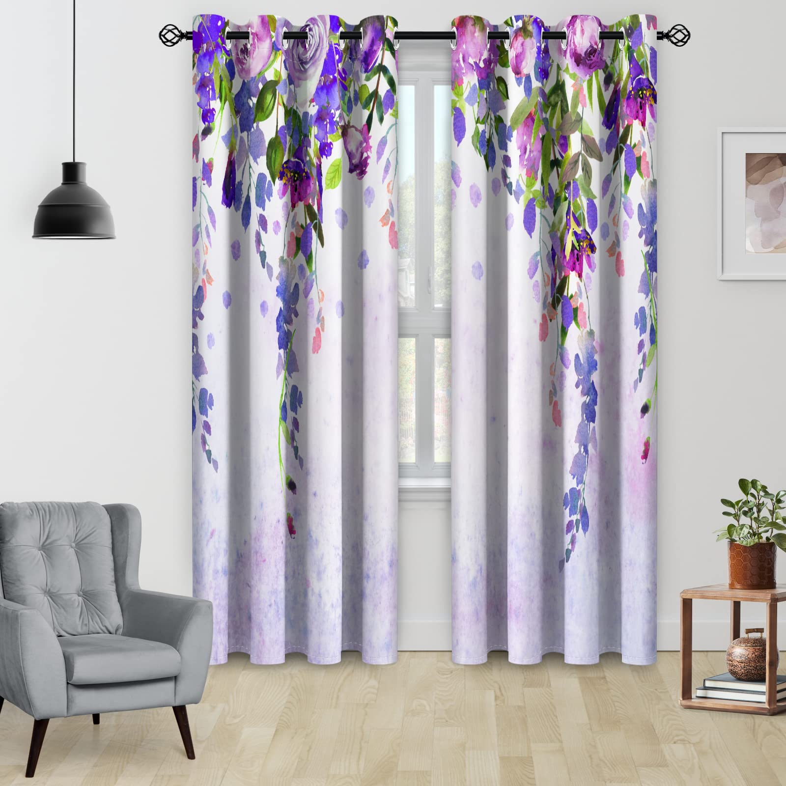 Amazon｜Aimego ラベンダーフローラルパープル遮光カーテン - しだれ藤