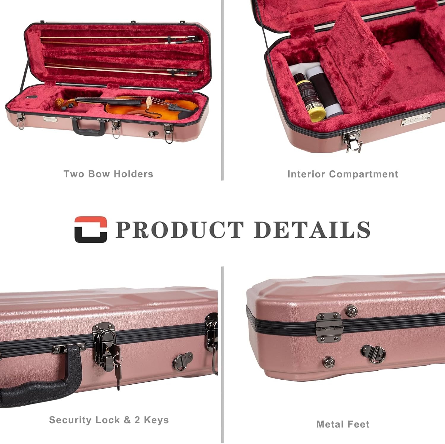 Crossrock Oblong Case fits 4/4 Full-Size Violin, Includes Interior Compartment, 2 Bow Holders, Security Lock, and Detachable Straps-Rose Gold (CRA860VFRG-R)