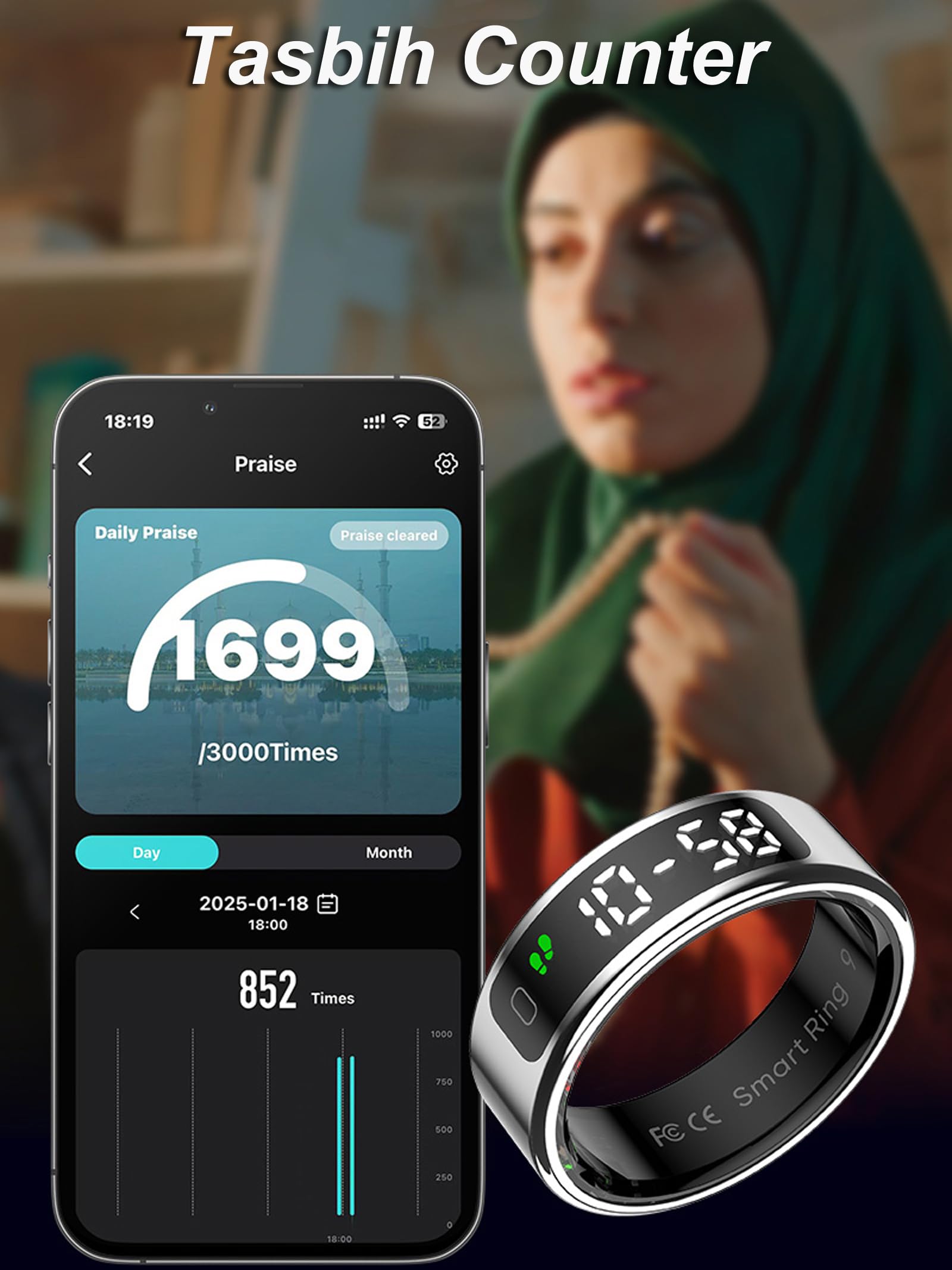 Anillo inteligente con monitor de frecuencia cardíaca, monitor de sueño, contador de pasos, calorías, anillo de salud, sensor inteligente Tasbih, cámara remota, anillos inteligentes para hombres y