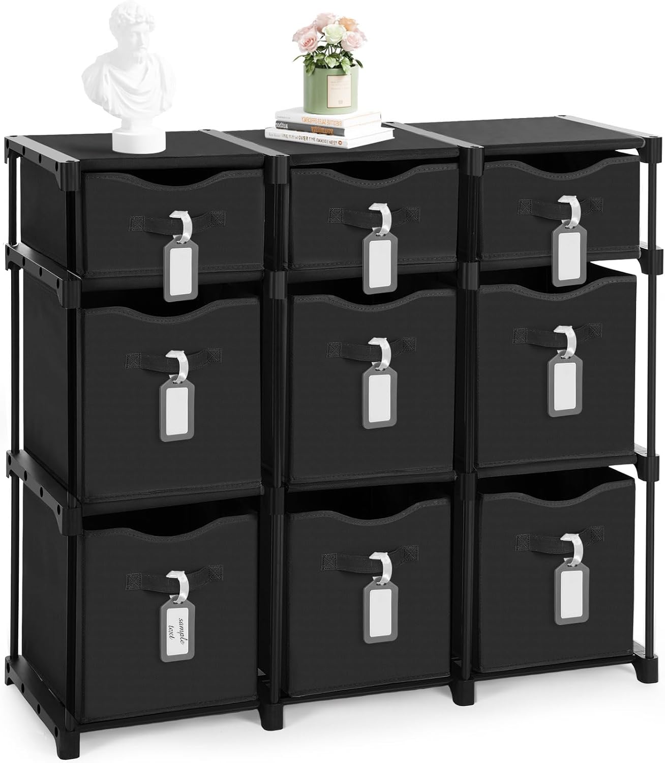 9 Cube Storage Organizer Shelf with Storage Bins and Label, 11 Inch Toy Cube Bins Clothes Closet Organizers Drawers Fabric Dresser for Living Room, Bedroom, Playroom, Dorm(Black)