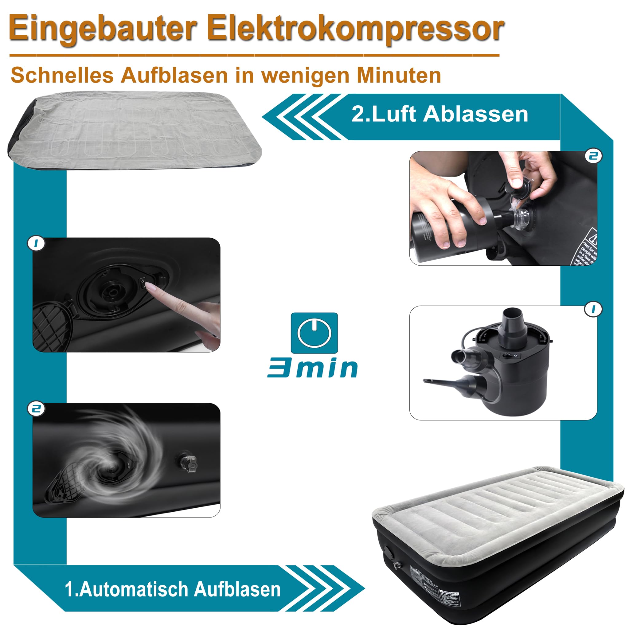 YRHome Luftmatratze Matratze Luftbett Selbstaufblasend Aufblasbare Matratze mit eingebauter Elektrischer Luftpumpe & Tasche Schnelles Aufblasen Gästebett für Camping für 1 Person, 187 x 90 x 46 cm