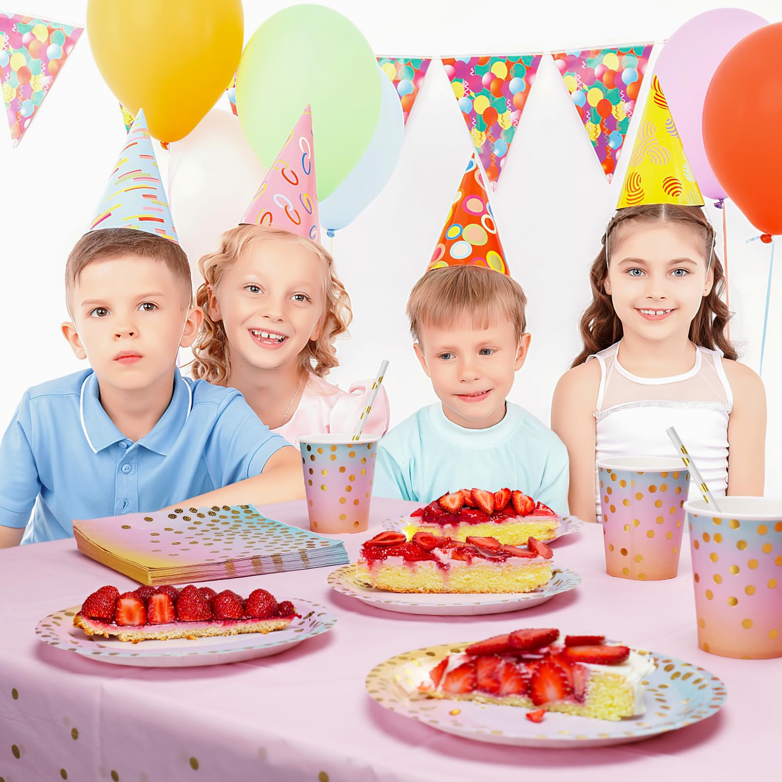 126 Pezzi Stoviglie per Feste,Stoviglie Carta Arcobaleno Set, | Stoviglie per feste di compleanno Include Piatti di Carta Tovaglioli Tazze di Carta Cannucce Tovaglia per Nuziale Doccia