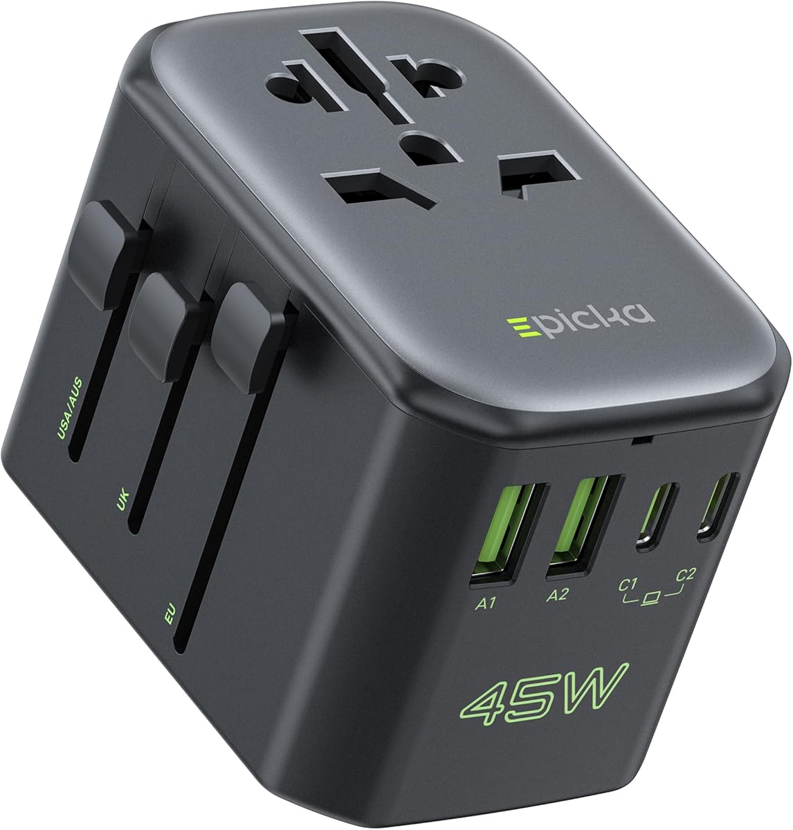 EPICKA Pulse 45W European Travel Plug Adapter, Universal Power Adapter with PD Fast Charging, 5-Port (1 AC/2 USB-A/2 USB-C) International Charger Adapter for Europe, Japan - Travel Essentials (Black) : Electronics