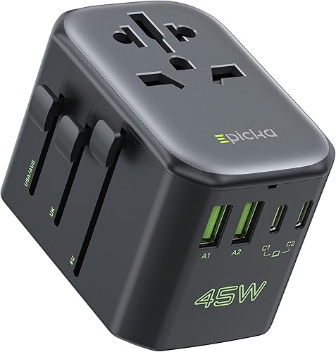 EPICKA Pulse 45W European Travel Plug Adapter, Universal Power Adapter with PD Fast Charging, 5-Port (1 AC/2 USB-A/2 USB-C) International Charger Adapter for Europe, Japan - Travel Essentials (Black)