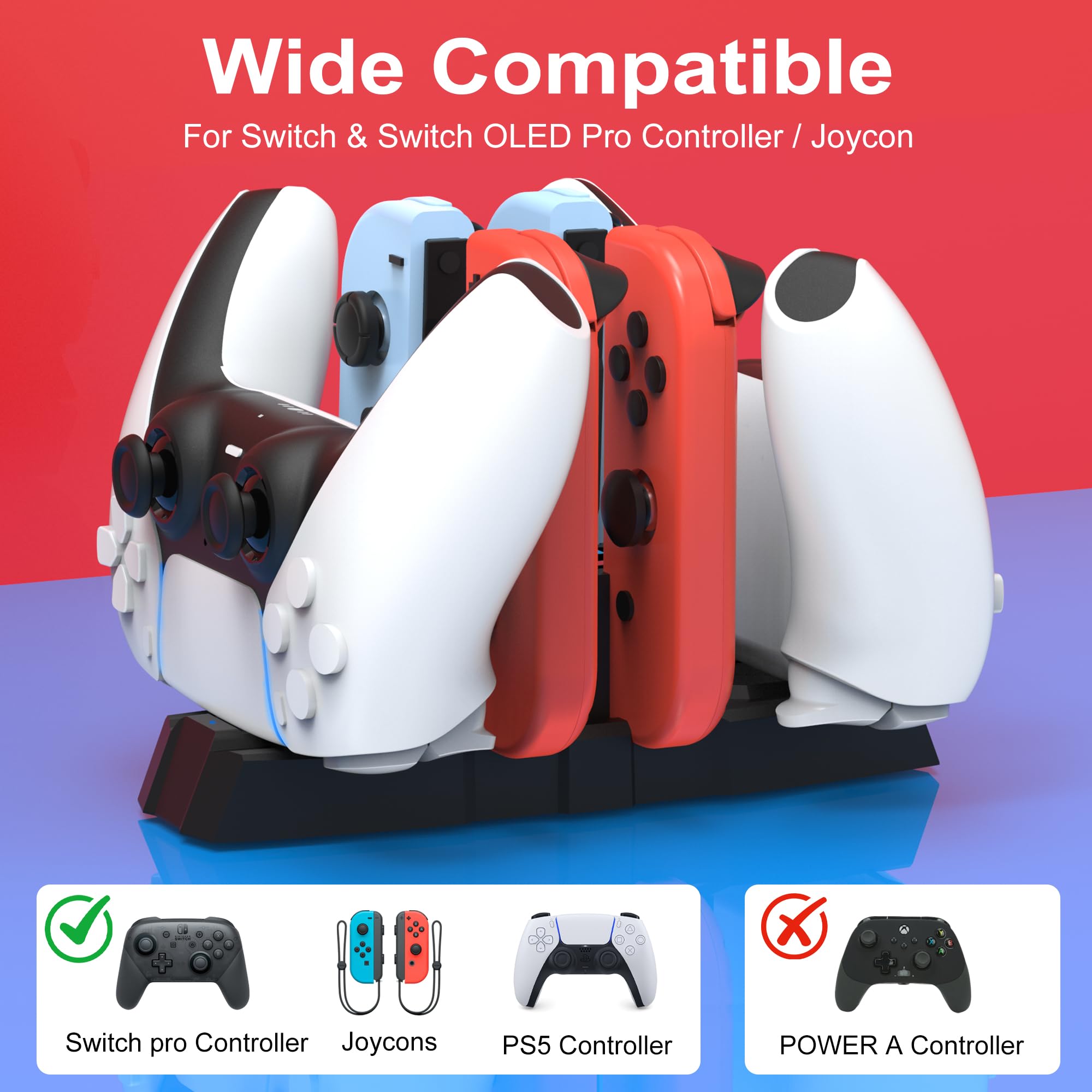 iPLYGAM Dock di ricarica per controller Nintendo Switch Pro, JoyCon, dock di ricarica con indicatore LED e cavo di ricarica per controller PS5, supporto di ricarica per gamepad 6 in 1