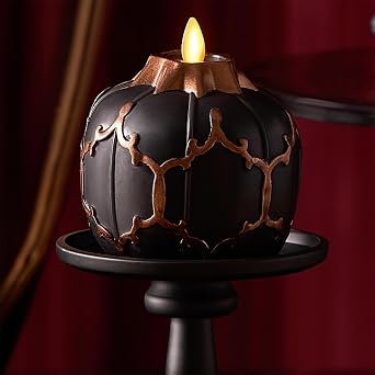 Luminara - Flameless Flickering Moving Flame Battery Operated Unscented Candle LED Decor & Gift- Fall for Autumn & Halloween Pumpkin Collection - Black Embossed Fretwork, 3.8 x 4.3