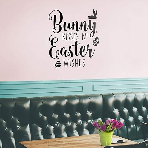 Calcomanía de vinilo para pared del día de Pascua, diseño de conejito Kisses 'N Easter Wishes, 27 x 23 pulgadas, decoración moderna y bonita para el