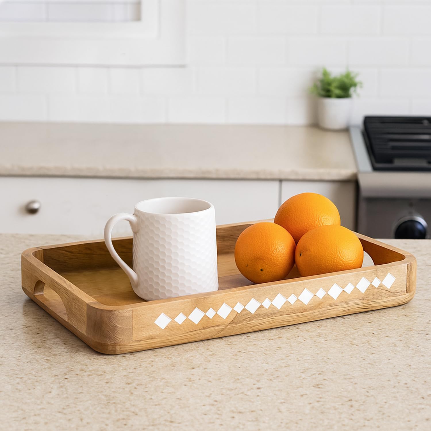 Mela Artisans Wooden Serving Tray with Handles | 15x10x1.75 inch | Mango Wood Decorative Tray | Ottoman Tray | Snacks | Desserts | Breads | Coffee Table | Bedroom | Rounded Edge Design