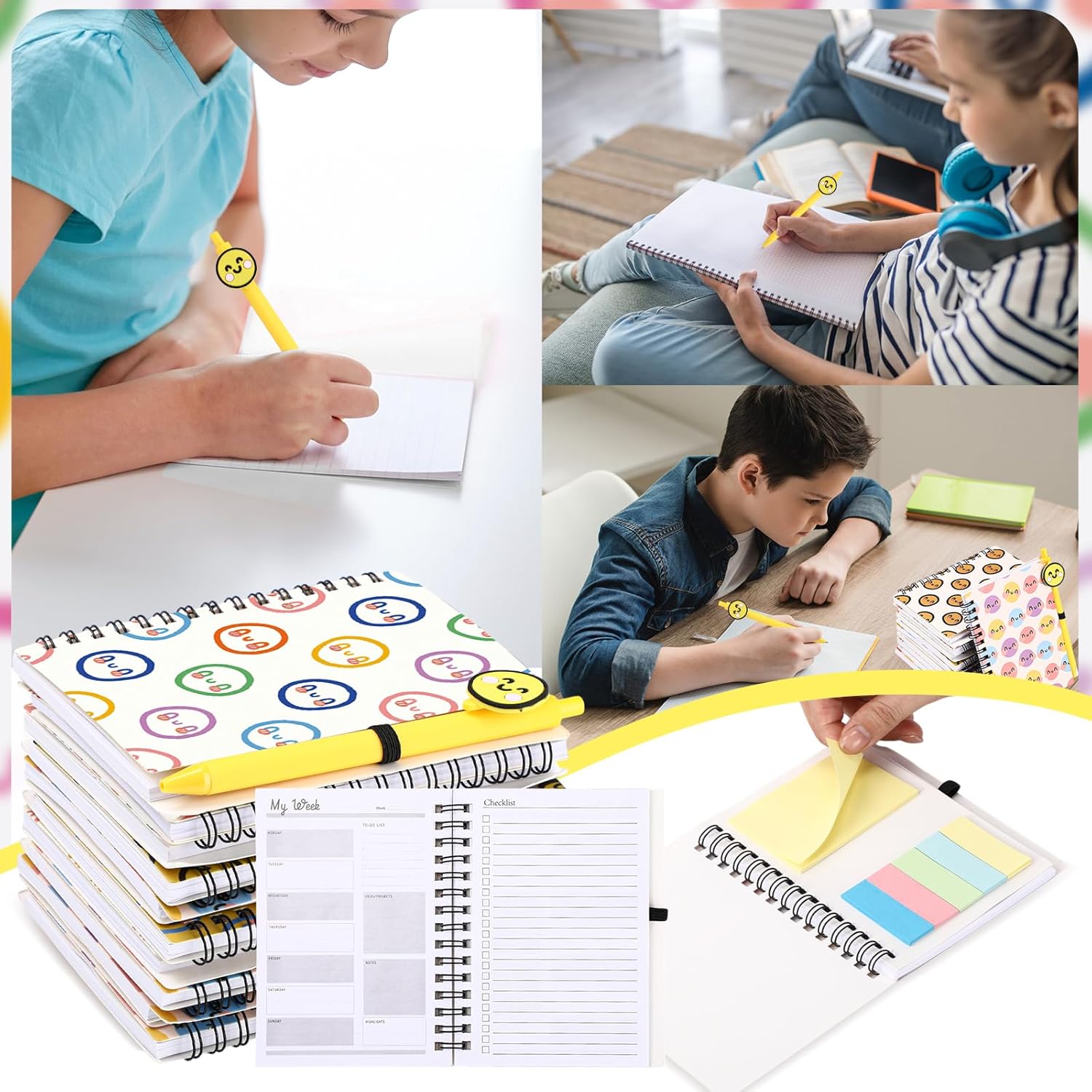 Sayglossy 72 Pcs Emotional Smile Support Notebook with Sticky Note Bulk Smile Face Pen Coworker Team Affirmation Gift for Employee Staff Nurse Teacher(Weekly Planner Journal)