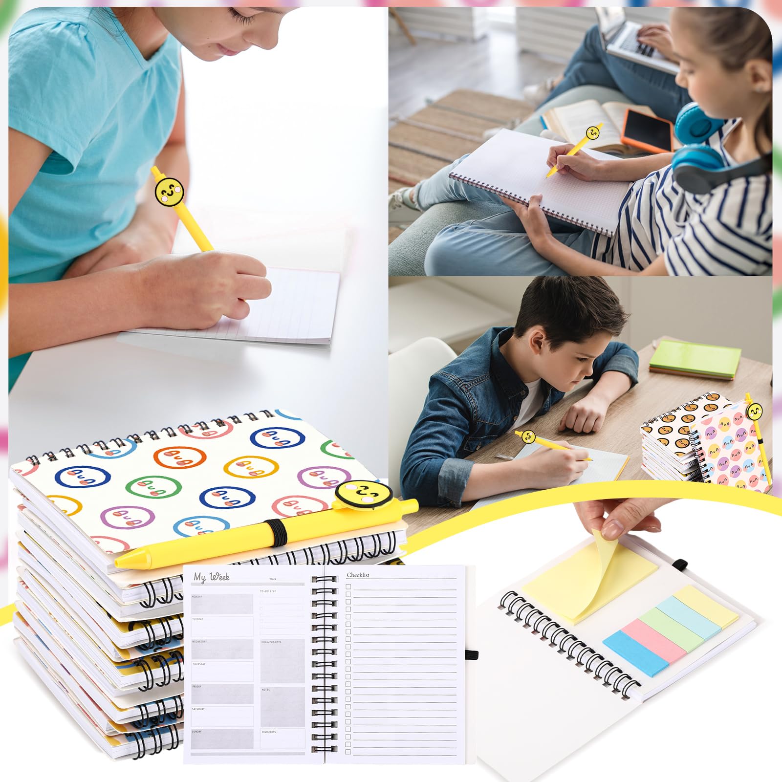 Sayglossy 72 quaderni con supporto emotivo sorridente con note adesive, penne a sfera Happy Face, regalo per il primo giorno di scuola, per studenti, insegnanti, colleghi (agenda settimanale)