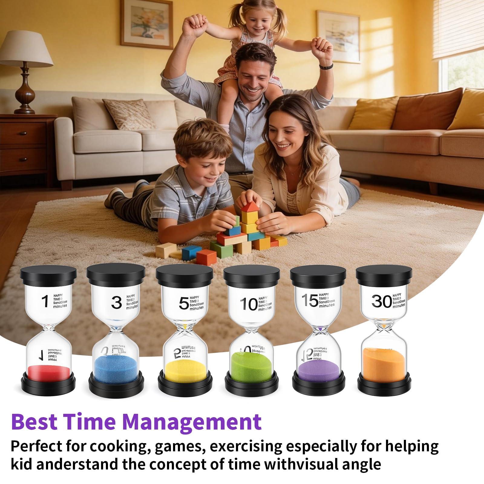 Clessidra set da 6 per bambini, clessidre colorate 1/3/5/10/15/30 minuti decorativa per casa, aula e giochi
