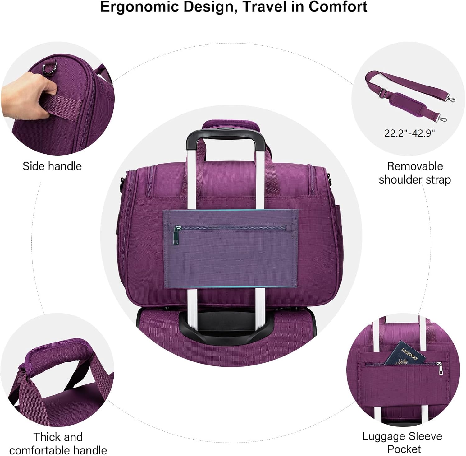 Foldable Carry-On Luggage Bag Large Lightweight Weekender for Women Men, with Wet Pocket, Ideal for Overnight/Weekend/Yoga/Gym/Business/Sport/Hospital,Purple