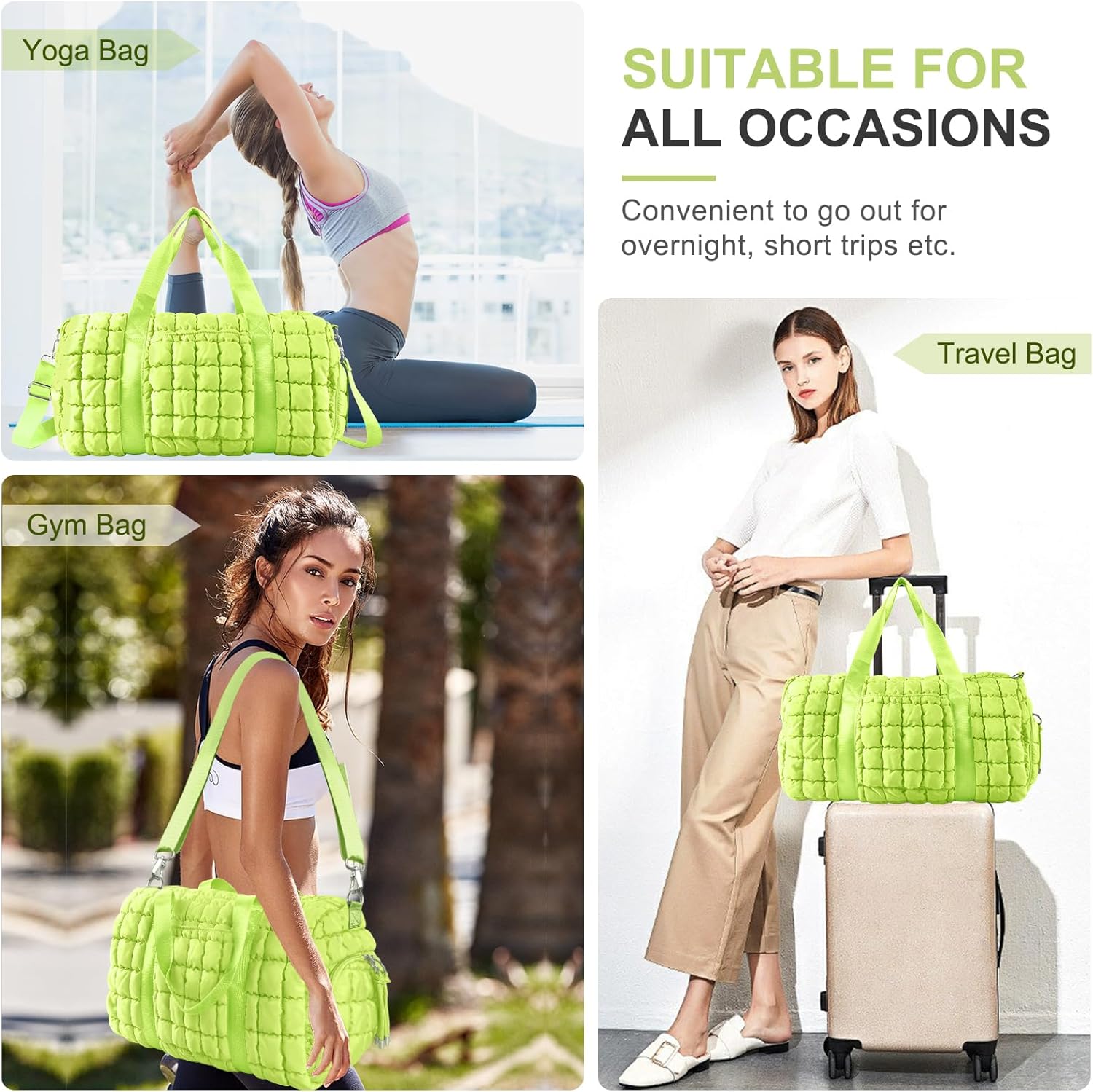 Quilted Gym Duffle for Women - Travel Bag with Shoes Compartment, Puffer Weekender Overnight Carry On with Trolley Sleeve - Personal Item Sports Dance Bag (Light Green) - Image 6
