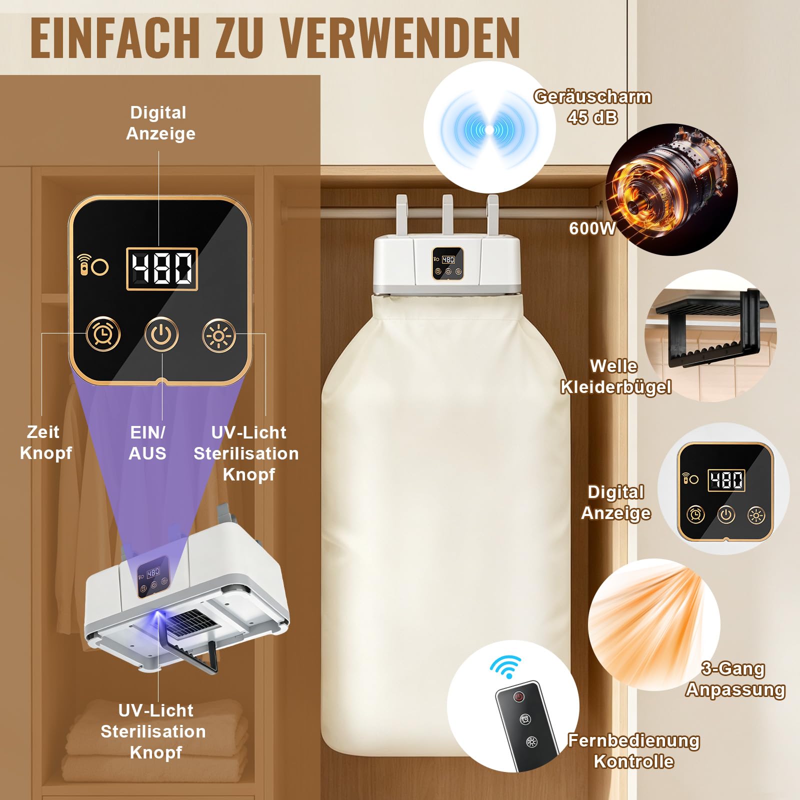 Secadora eléctrica portátil 2 en 1, 600 W, con temporizador, 100 l