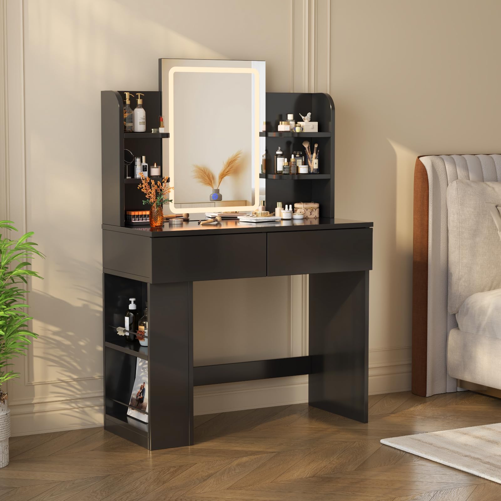 Devoko Dressing Table with LED Lighting Mirror,3 Light Colors,Adjustable Brightness,Vanity Table,Makeup Desk with 2 Drawers and 4 Storage Shelves,90 x 40 x 135 cm, Modern Black