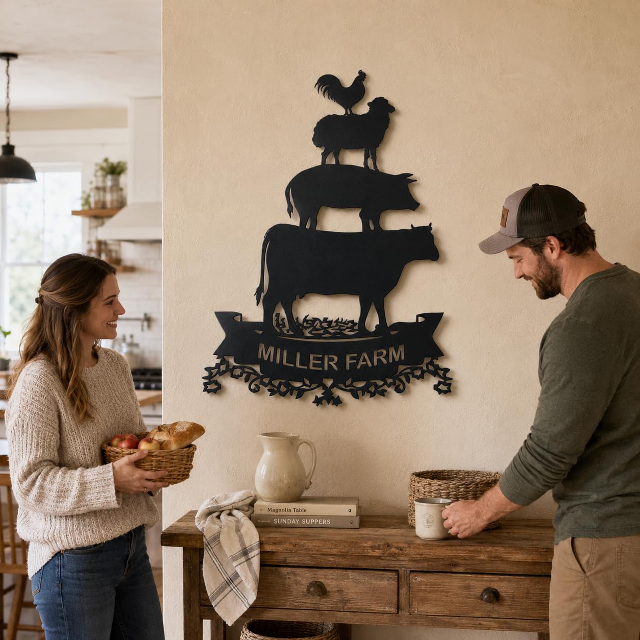 Arte de pared de metal personalizado con diseño de animales de granja, letrero de nombre de granja personalizado, decoración rústica de vaca, cerdo, oveja, gallo