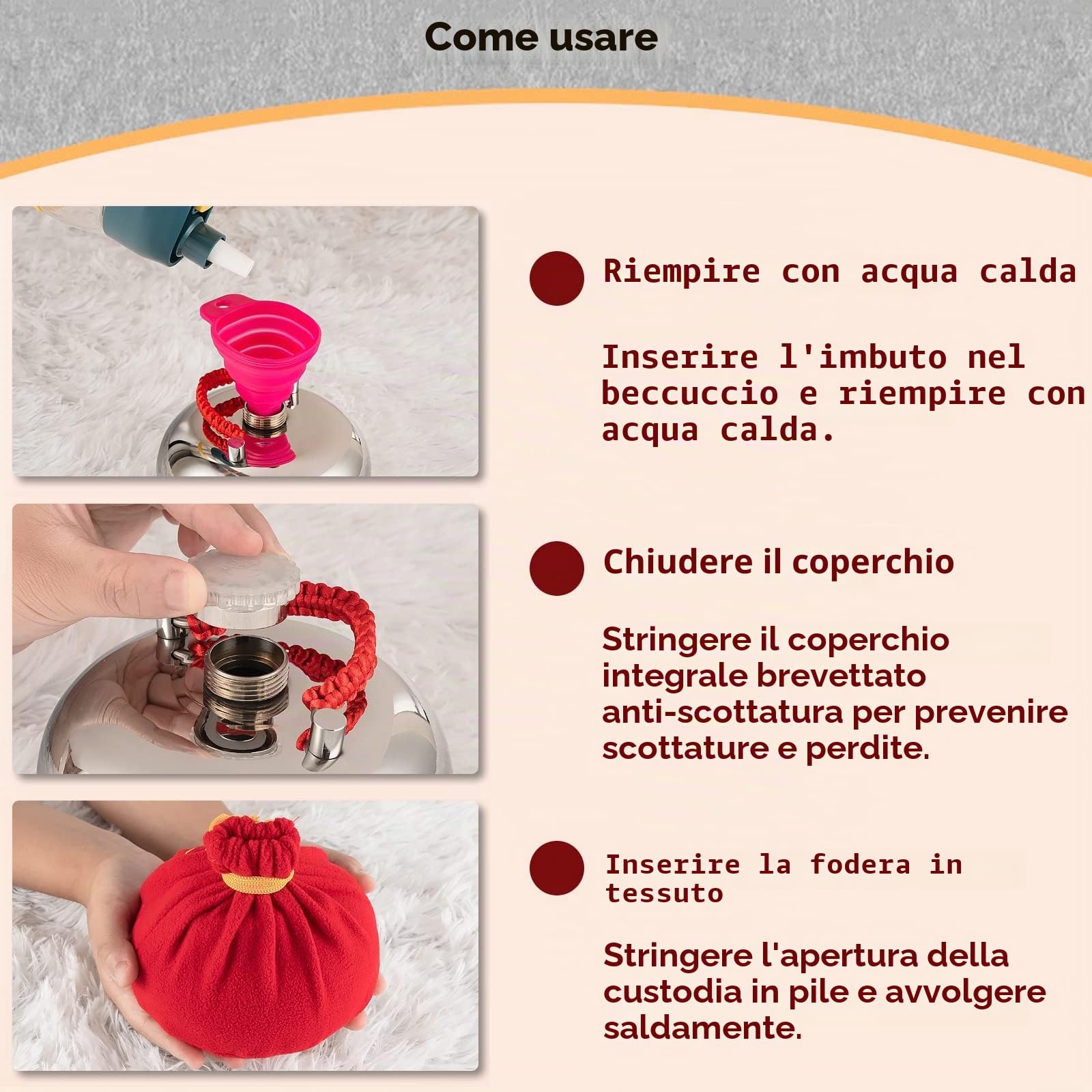 Borsa D Acqua Calda In Acciaio Inossidabile con Morbida Copertura, 0,6L 1,5L 1L 2L Borsa Acqua Calda Fatta A Mano, Bowl Acqua Calda Durevoli e A Prova di Perdite per Dormire e Scaldino Mani,2L