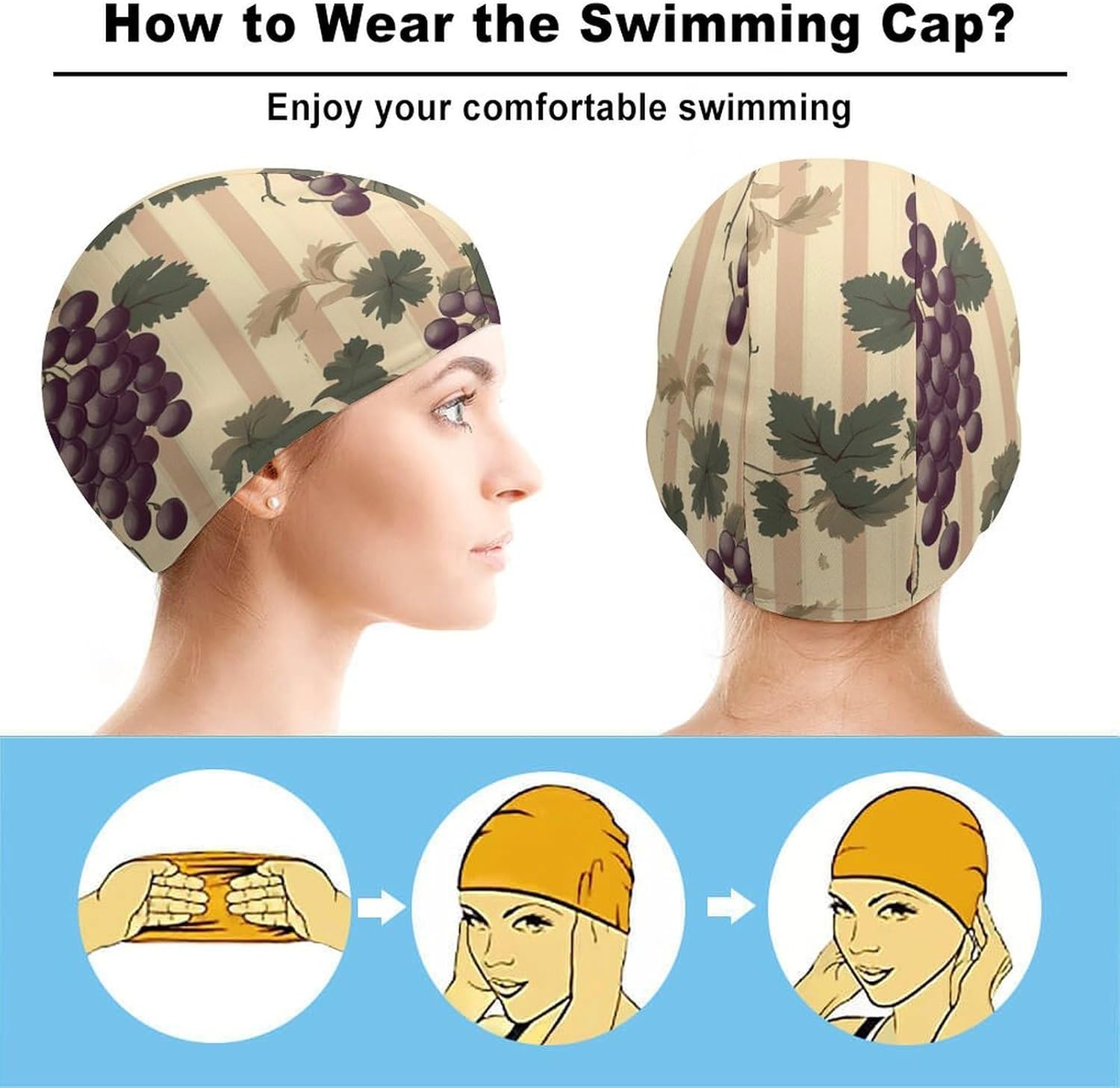 Vintage Red Grapes on Grapevine Womens Swim Cap for Men Adult Swimming Hat Curly Short Medium Long Hair