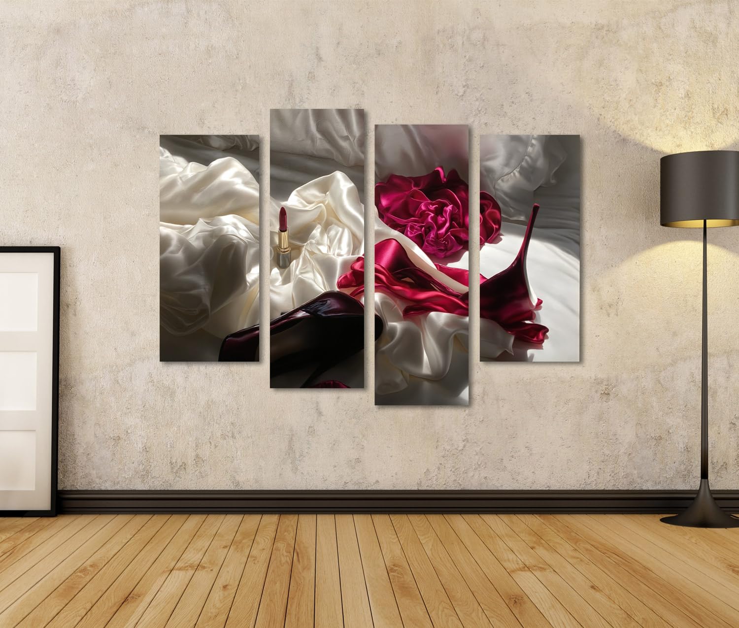 islandburner Tableau sur toile - Arrangement séduisant de rouge à lèvres - Décoration murale pour chambre à coucher - Pour les personnes soucieuses du style - 4 pièces