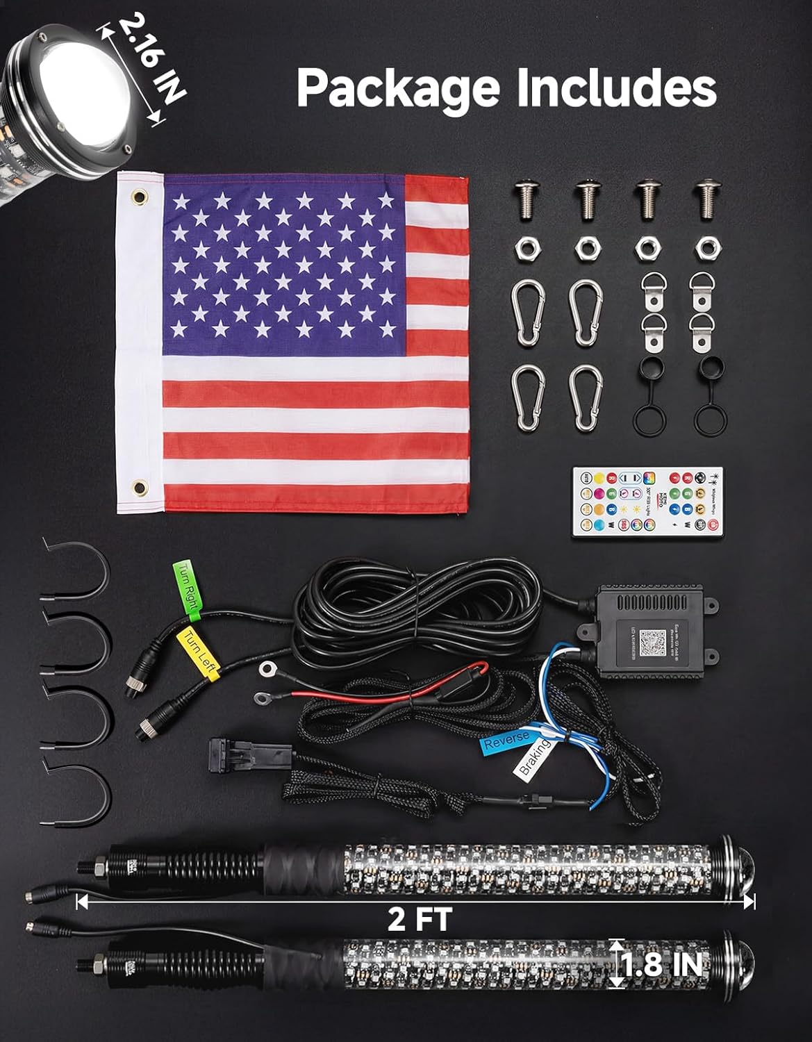 KEMIMOTO 2-in-1 2pc 2ft whipless Fat Whip Lights, Alien Lights with Integrated Rocker Switch, Remote & APP Control, 360° Spiral Multi-Color Alien Scratch-Resistant LED Whip Lights for SXS UTV