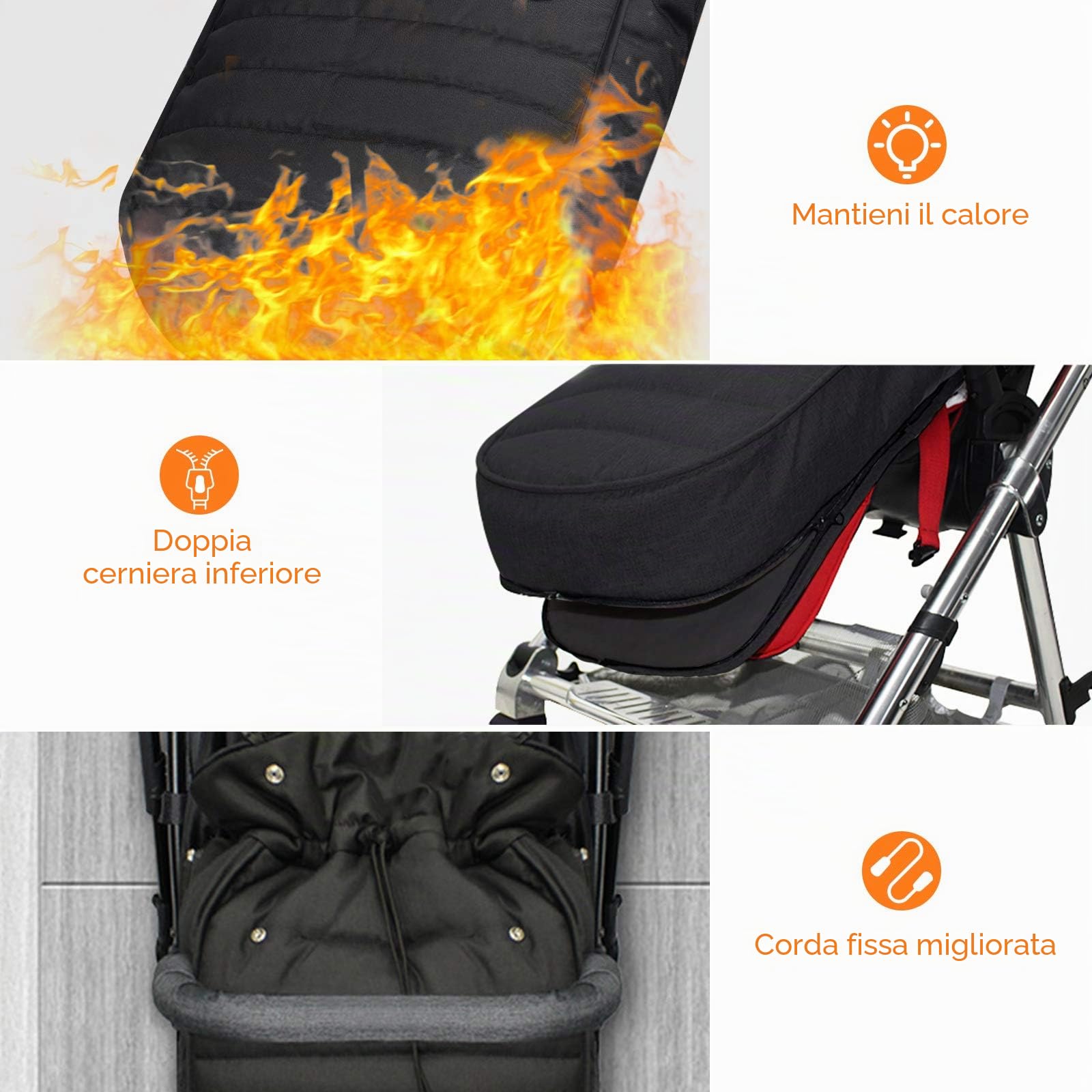 WD&CD Passeggino Coprigambe, Coprigambe Termico Universale per Passeggino, Impermeabile e Antivento, 2 in 1 Coprigambe Foderato in Vello di Corallo - Nero