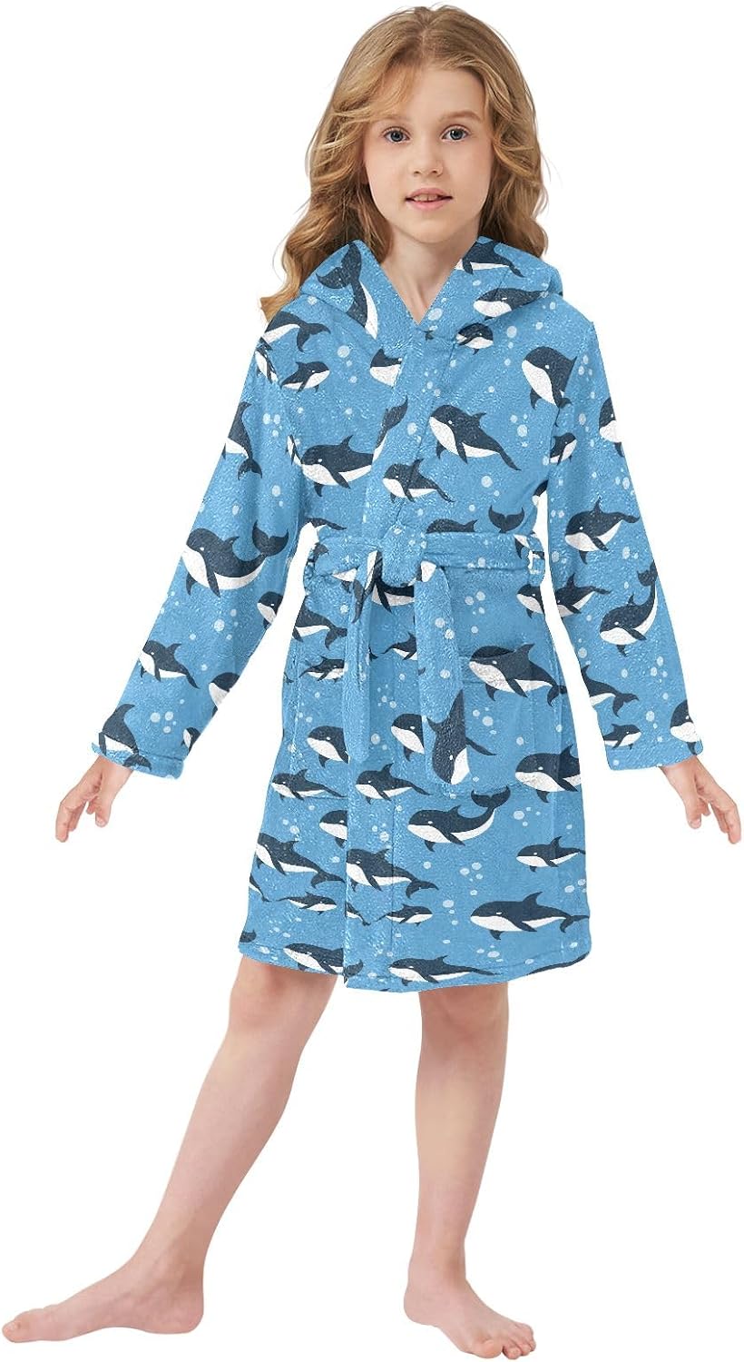 Cartoon Killer Whale Theme Toddler Hooded Bathrobe for Boys Girls Soft Plush Bath Towel Robe 2-12 Years