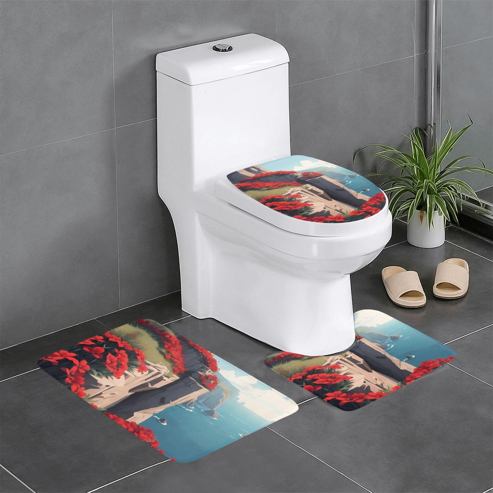 Tapis de salle de bain antidérapant ensemble 3 pièces YYHWHJDE fleurs rouges 61 x 40,6 cm